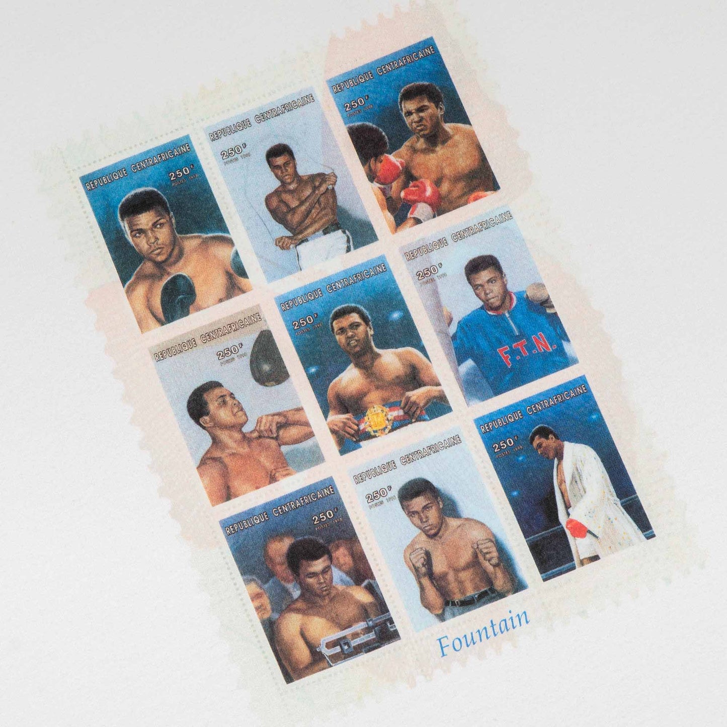 Close detail of the stamp artwork print at centre chest