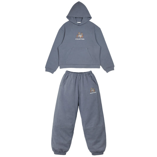 Liberation Tracksuit in india ink, hoodie and joggers laid flat