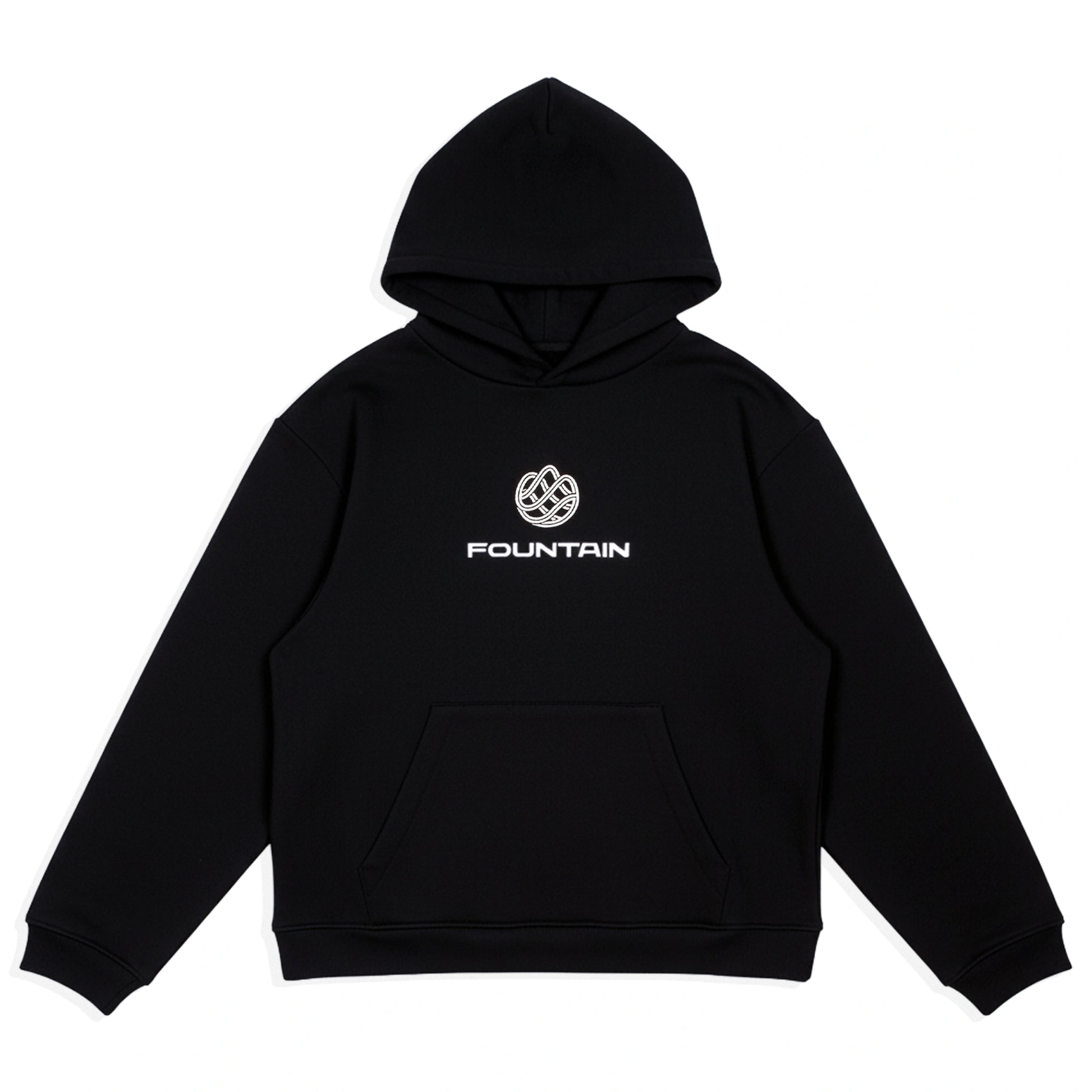 Monogram Hoodie in black, front view, laid flat