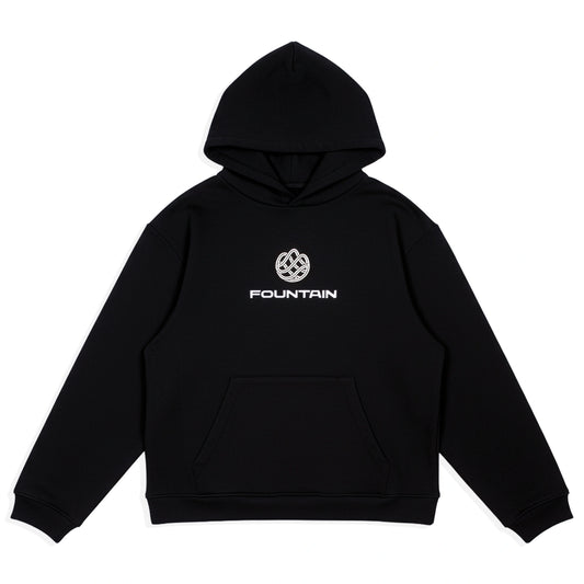 Monogram Hoodie in black, front view, laid flat