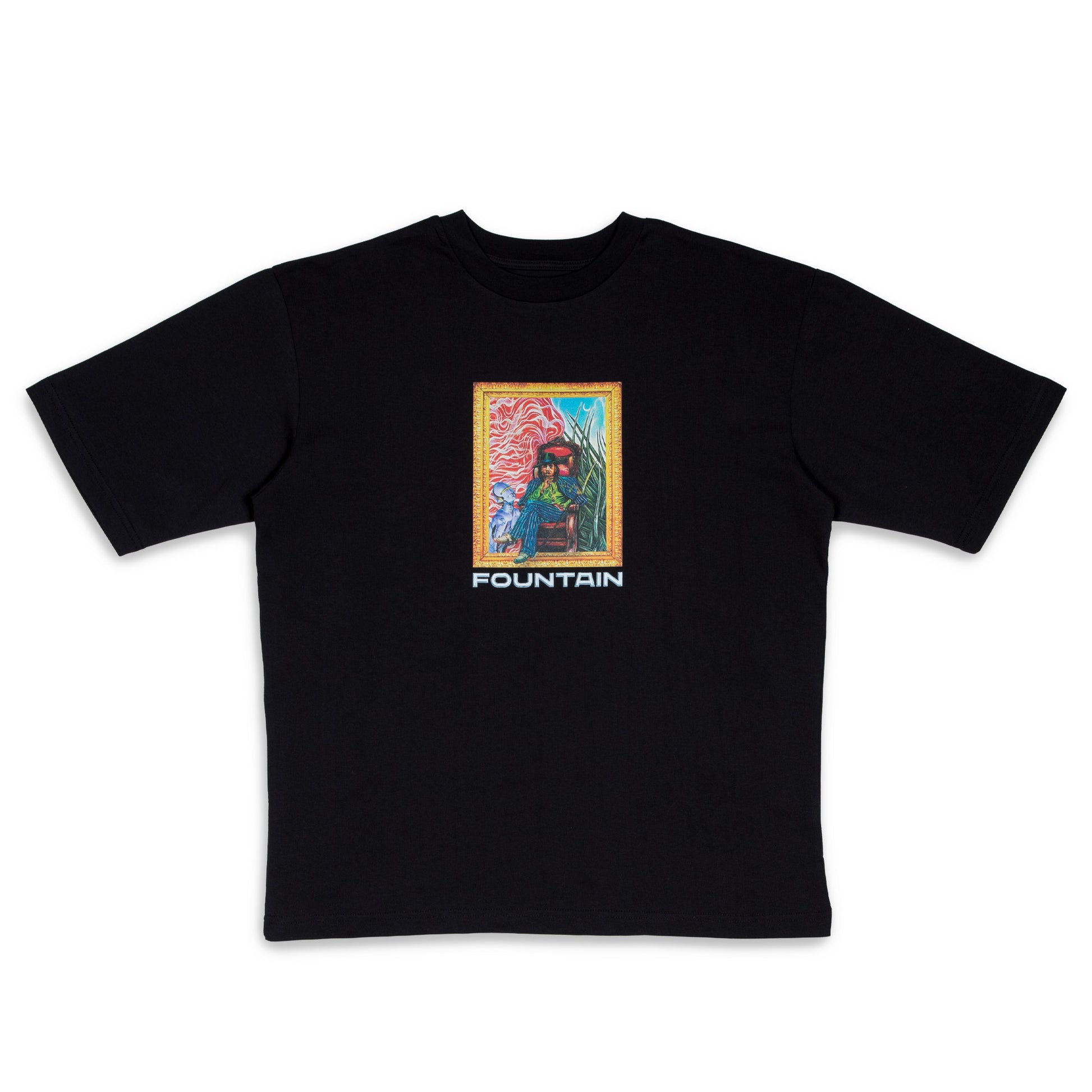 Prototype T-Shirt in black, front view, laid flat