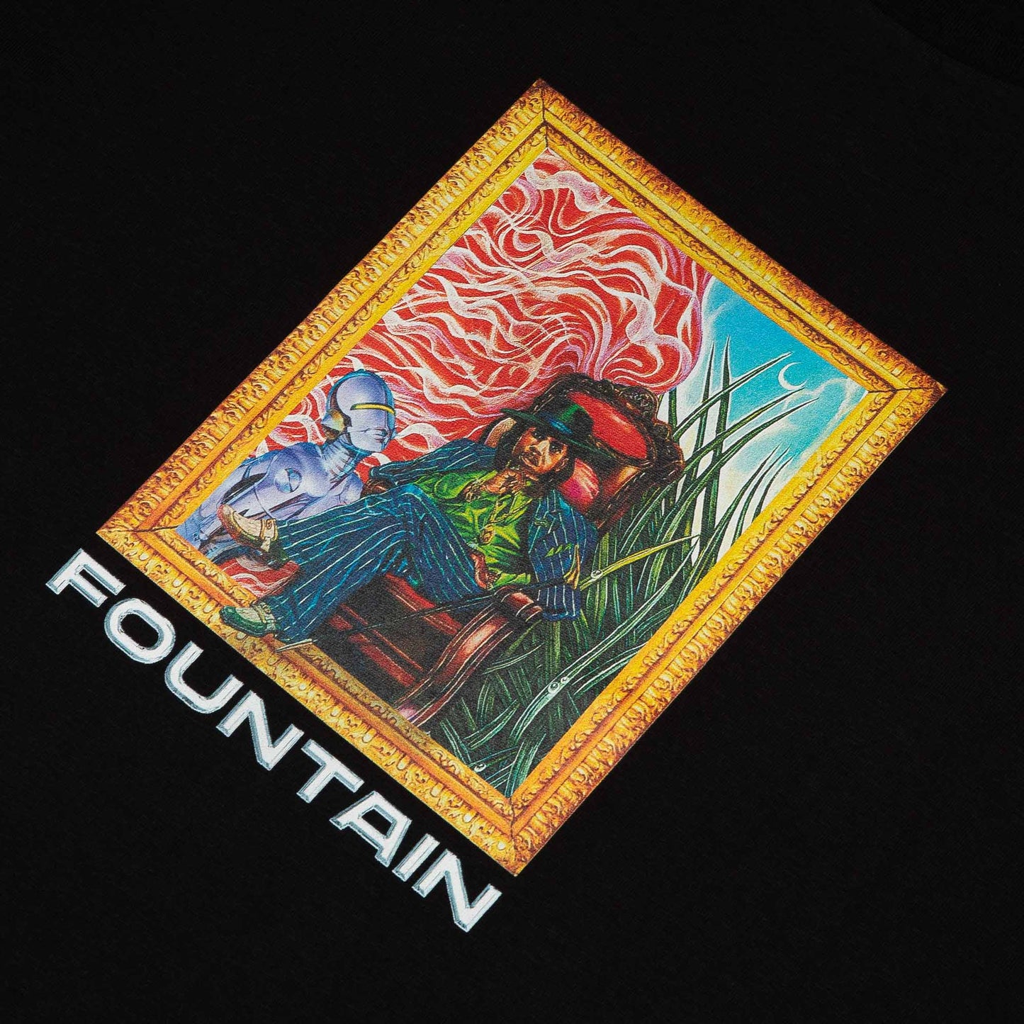 Close detail of the framed artwork print at centre chest