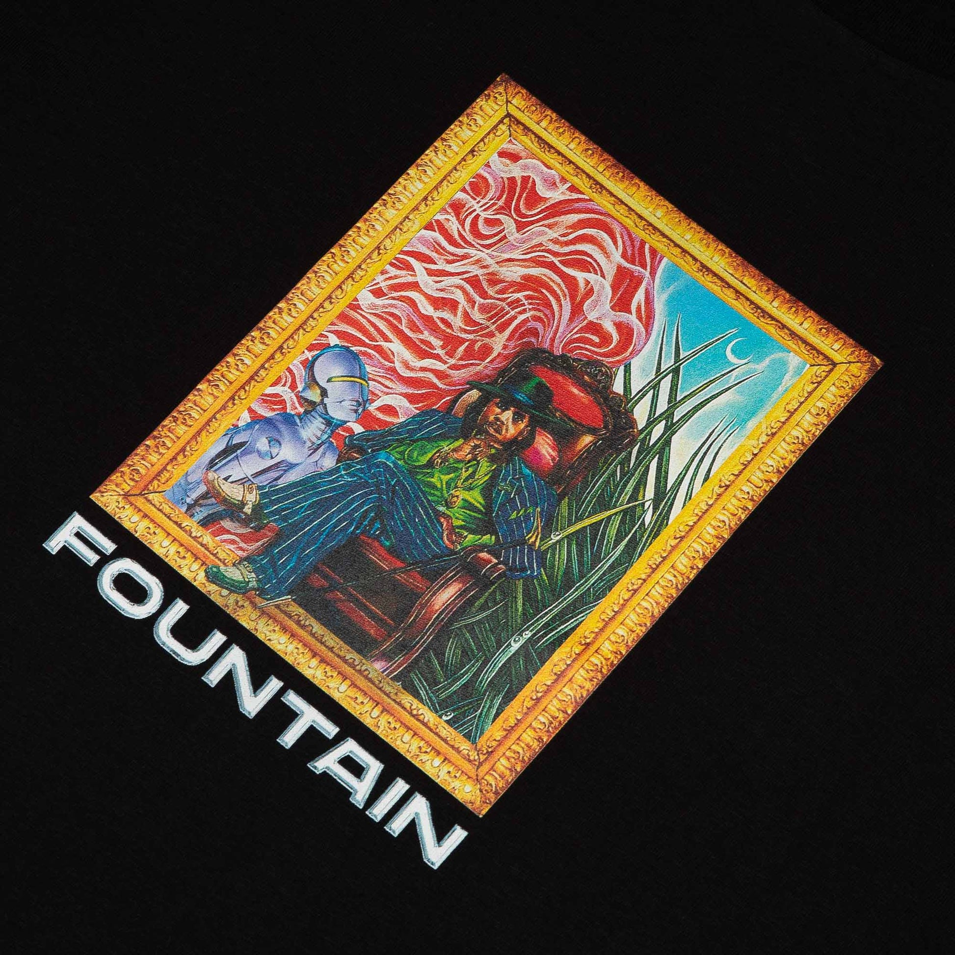 Close detail of the framed artwork print at centre chest